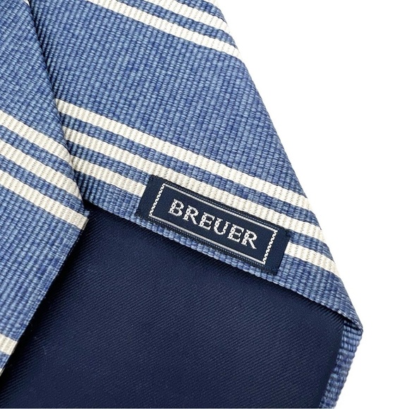 Breuer Men’s Necktie Silk & Cotton Chambray Blue & Cream Triple Striped Tie EUC - Picture 5 of 8